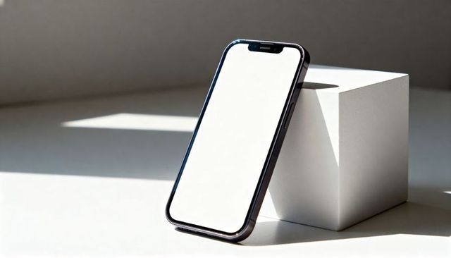 Minimal smartphone leaning on white cube with blank screen and dramatic sunlit shadows