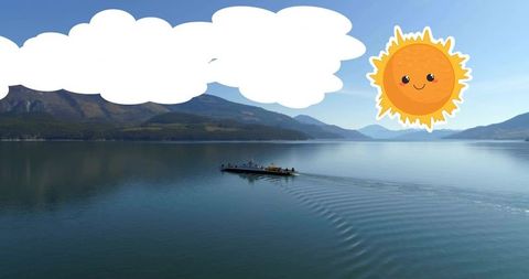Gliding ferry leaving v-wake across mountain lake with playful sun and cloud stickers