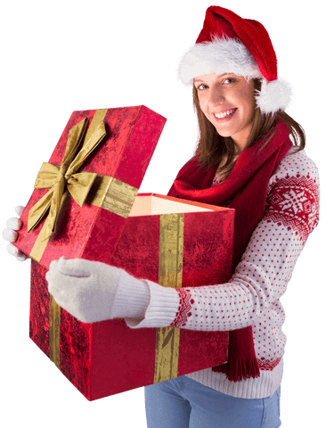 Festive Woman in Santa Hat Opening Brilliant Gift Box