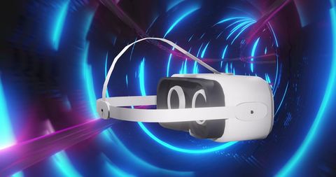 Vr headset in futuristic digital tunnel with neon light trails