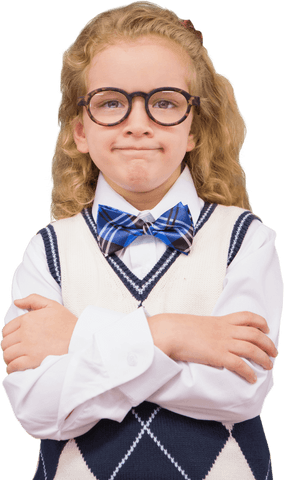 Confident schoolgirl with glasses on transparent background