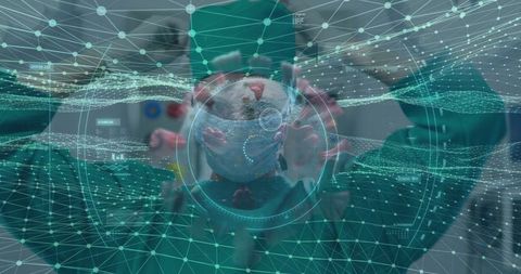 Surgeon Studying Holographic Virus in Futuristic Laboratory