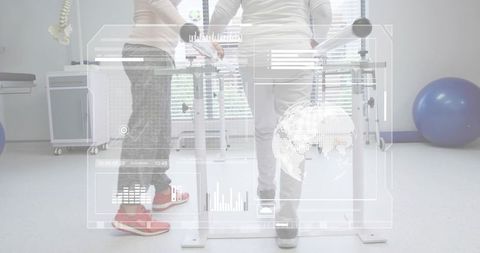 Therapist supporting patient walking at parallel bars rehabilitation clinic for gait training