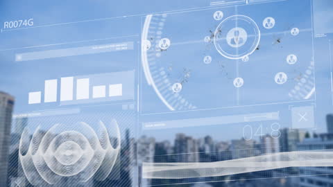 Dynamic fusion of digital business analytics overlaying an urban city skyline, presenting data visualization with interactable elements. Ideal for representing concepts of modern technology, urban development analysis, and interconnected business solutions in corporate or technological presentations.
