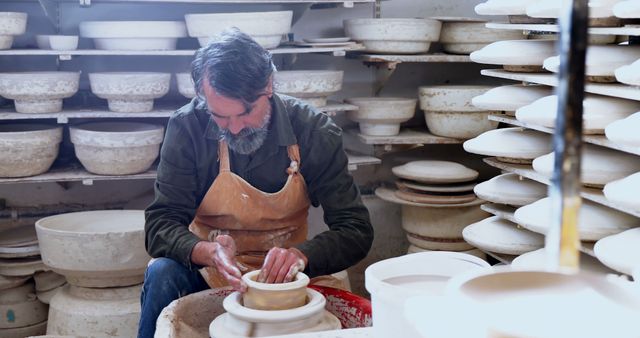 Focused Potter Shaping Clay on Pottery Wheel in Workshop - Download Free Stock Images Pikwizard.com