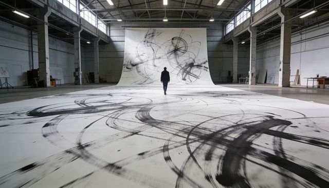 Solitary figure walking toward monumental gestural canvas in industrial warehouse studio