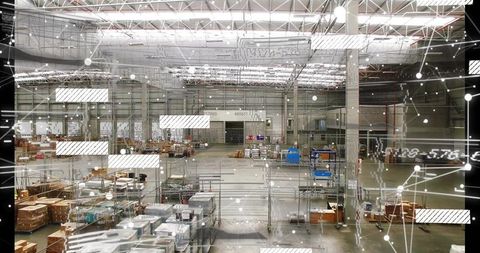 Displaying smart warehouse logistics with digital overlay, pallets, carts, shelving and distribution