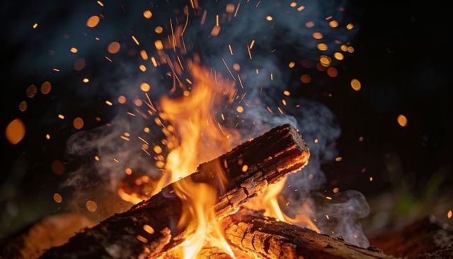 Crackling campfire sending glowing embers upward over charred logs and drifting smoke