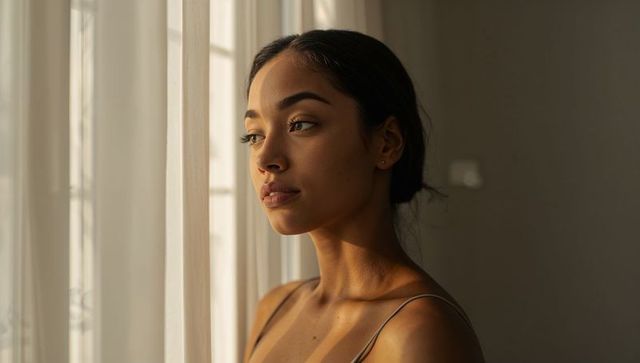 Young woman gazing through sheer curtains during golden hour, soft natural light portrait
