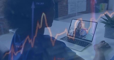 Online meeting with data analytics graph overlay and copy space