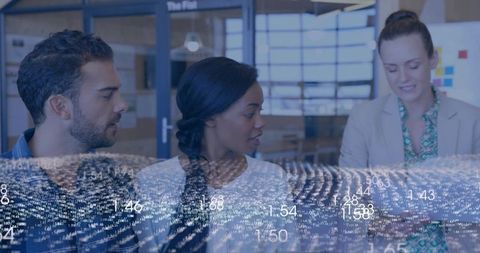 Diverse team analyzing data visualization overlay in modern office collaboration