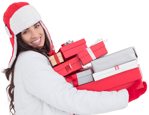 Festive Woman in Winter Clothes Holding Gifts on Transparent Background