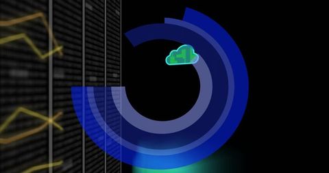 Blue circular dataviz pulsing over server rack with neon cloud and yellow graphs