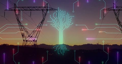 Glowing neon circuit-tree hovering over ridge linking power pylons at dusk for smart grid