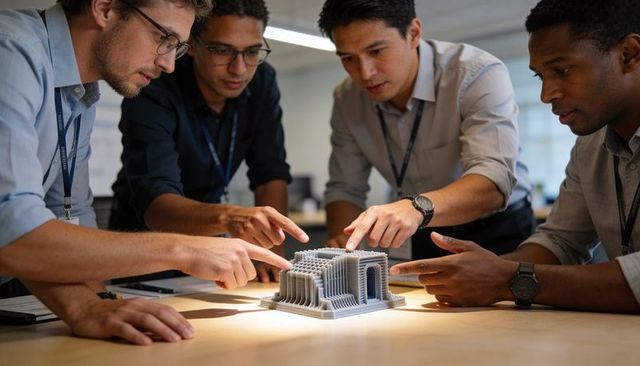Design Team Collaborating Around 3D Printed Architectural Prototype on Workbench in Workshop