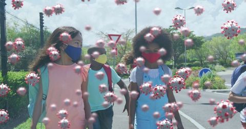 Children Wearing Masks Walking to School with COVID-19 Particles