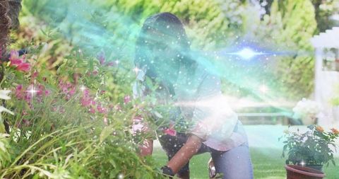 Woman cosplaying a futuristic gardener surrounded by enchanting flowers