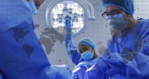 Surgical team collaborating under operating light with global healthcare network overlay