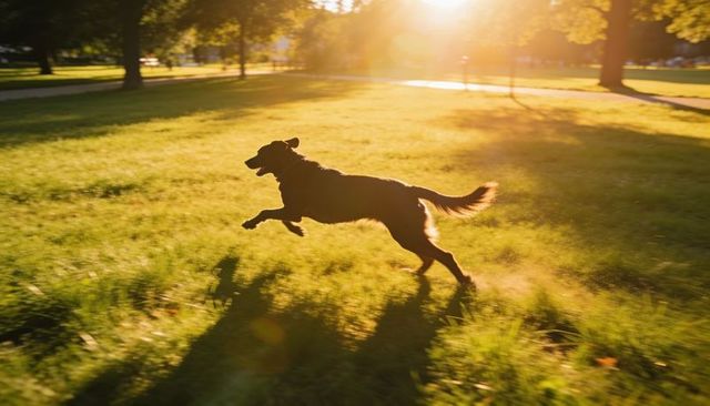Leaping dog bounding across sunlit park lawn with dust and backlight