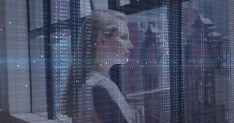 Businesswoman Analyzing Digital Market Data Above Urban Skyline