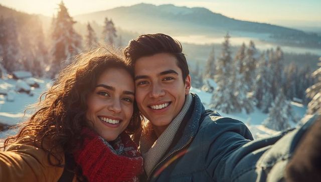Couple Enjoying Romantic Winter Escape on Snowy Hillside
