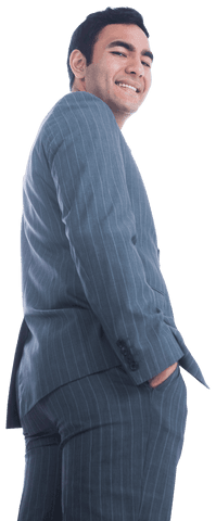 Confident Biracial Businessman Smiling in Pinstripe Suit - Transparent Background