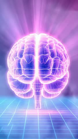 Spinning Neon Brain Pulsing Above Grid Floor — Futuristic Neuroscience Vertical Video