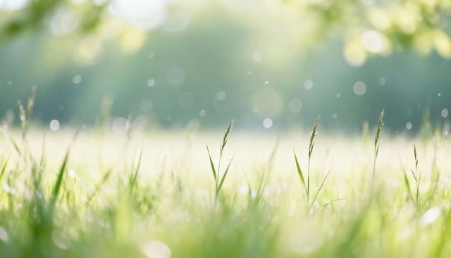 Sunlit meadow closeup with dew droplets and bokeh, soft green grass seed heads sunrise