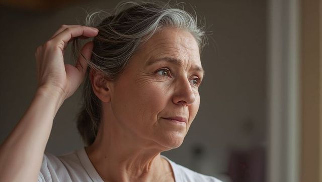 Reflective mature woman touching gray hair by window natural light closeup portrait calm