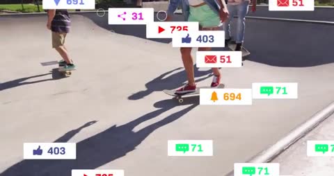 Skaters Gliding in Skatepark with Social Media Icons Floating