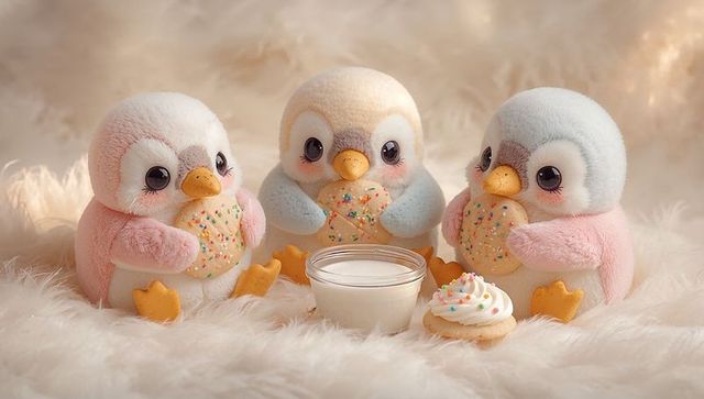 Three pastel plush penguins holding sprinkle cookies with milk and cupcake on cream fur