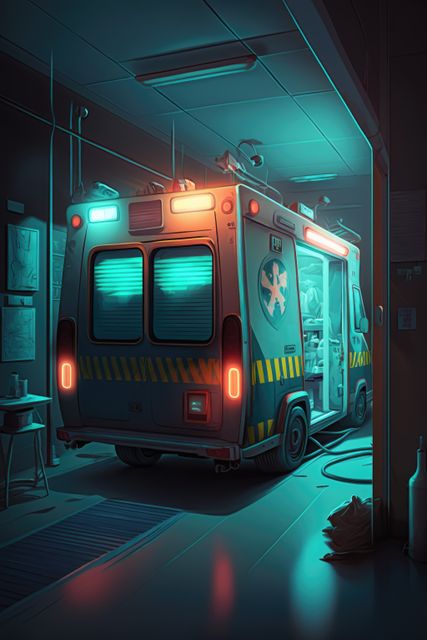 Ambulance parked in hospital building, created using generative ai technology. Ambulance and emergency medical services concept digitally generated image.