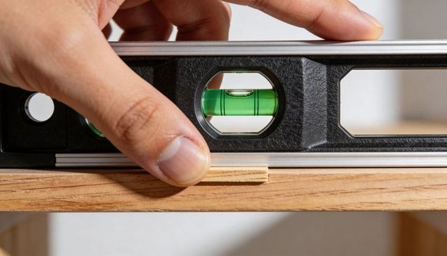 Male hand pressing wooden shim while leveling oak plank using spirit level bubble