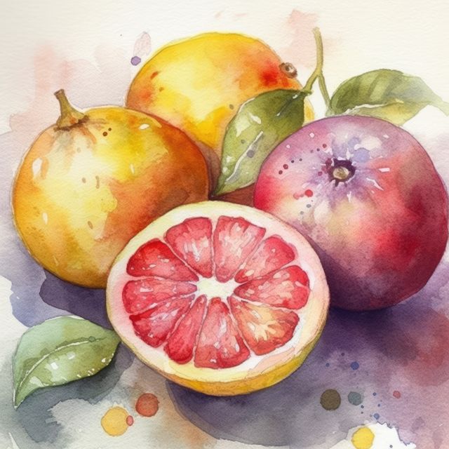 Watercolour with close up of sliced grapefruit and fruit, created using generative ai technology. Watercolour, fruit and still life painting concept digitally generated image.
