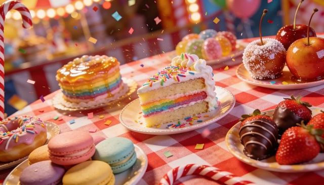 Rainbow layer cake slice on festive dessert table with macarons and chocolate strawberries