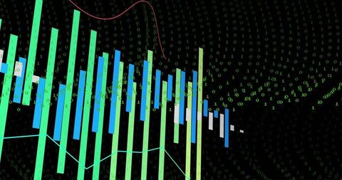 Digital financial data visualization with binary and line graph