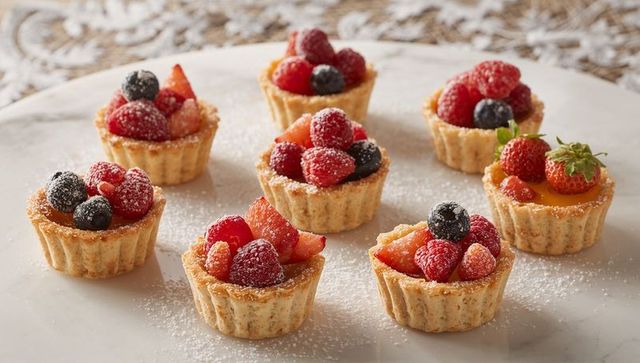 Mini fruit custard tarts topping fresh berries and powdered sugar on marble platter