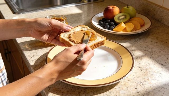 Sunlit hands spreading peanut butter on whole wheat toast on kitchen countertop with fruit