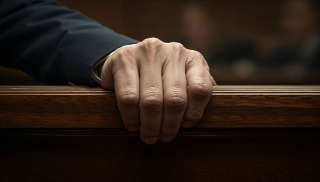 Gripping hand pressing polished wooden rail on courtroom bench, suit cuff visible