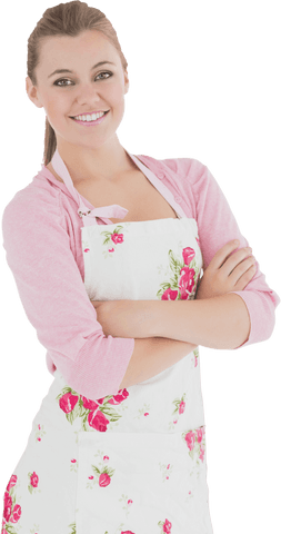 this image features a transparent view of a woman confidently smiling while wearing a floral apron, standing with arms crossed. ideal for culinary-themed articles, cooking blogs, kitchen product promotions, and domestic lifestyle features, providing a welcoming and professional tone.