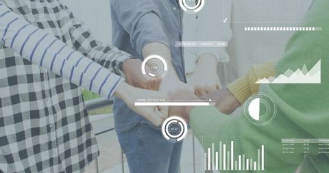 Colleagues Stacking Hands on Balcony with Futuristic Analytics HUD and Data Charts