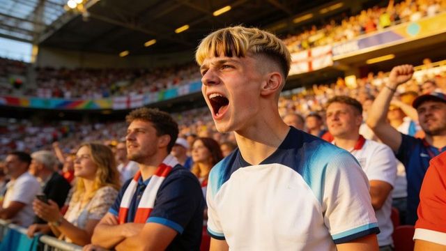 Teen fan shouting in stadium cheering with passion amid vibrant crowd energy