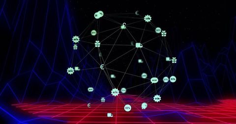 Futuristic Digital Sphere with Icons Above Grid in Cyberspace