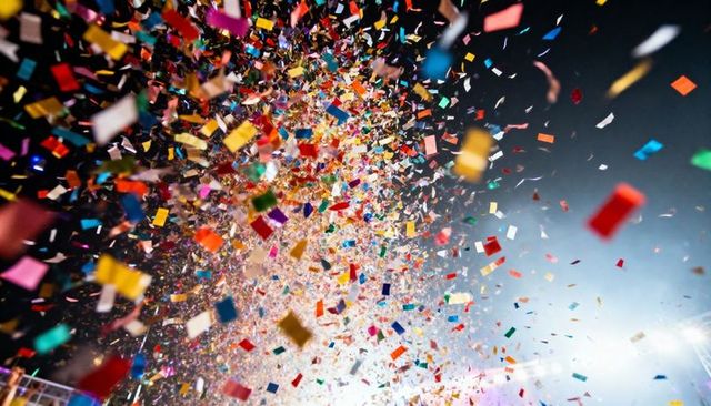 Surging confetti cloud filling stadium under floodlights, nighttime celebration spectacle