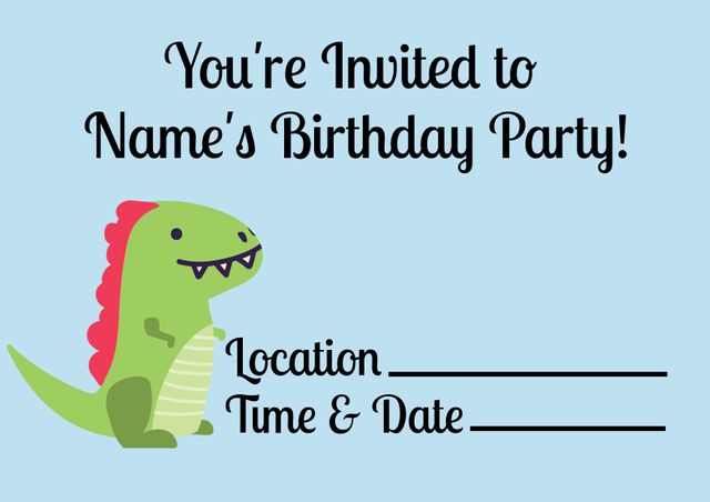 This playful birthday party invitation template features a cute green dinosaur on a light blue background. Ideal for children's birthday parties, the blank spaces for location, time, and date provide easy customization. Perfect for creating invitations for young age groups that love dinosaurs. Use this design for both printed and digital invites for boy or girl birthday parties.