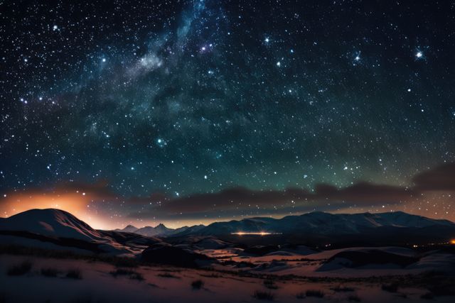 Starry skies over mountains landscape at night, created using generative ai technology. Astrology, space and galaxy concept digitally generated image.