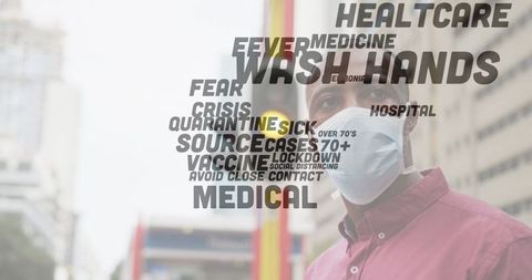 Senior Man in Street Mask with COVID-19 Words Overlay