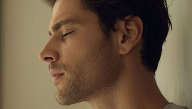 Resting male tilting left with closed eyes for serene profile portrait and soft warm lighting