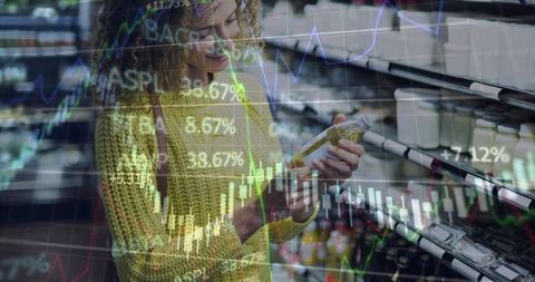 Woman shopping with digital financial data overlay