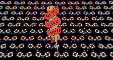 Displaying cricket bat wrapped in red ribbon 'all you need is cricket' amid neon glitch